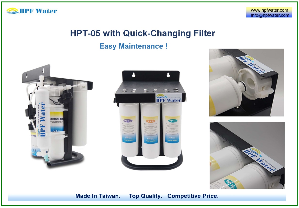 Traditional RO appliance with Quick-change Filter meets NSF requirements made in Taiwan, perfect to fit water dispenser.